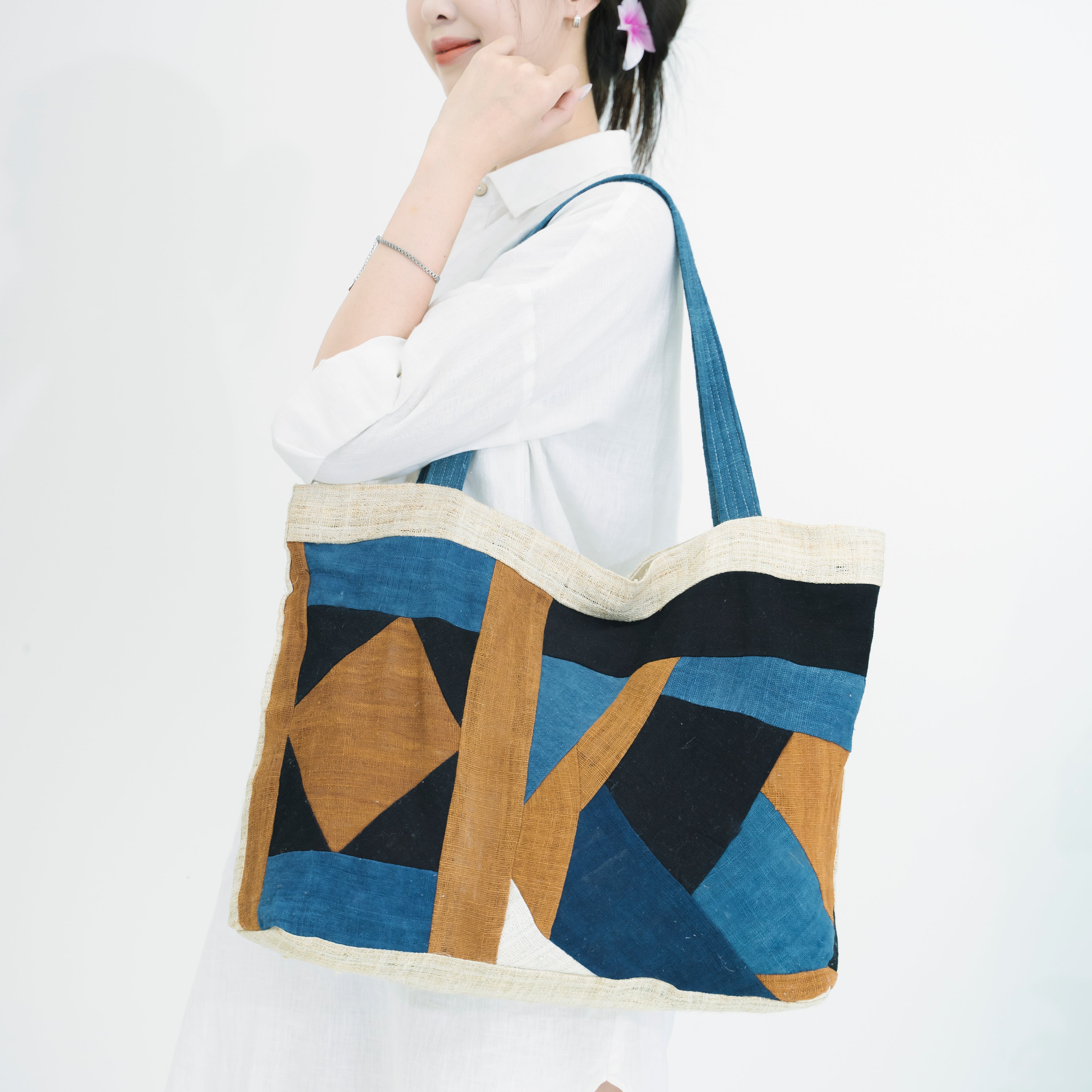 Landscape Patchwork Tote Bag - Handmade Ethnic Brocade Shoulder Bag - Large Horizontal Tribal Art Purse