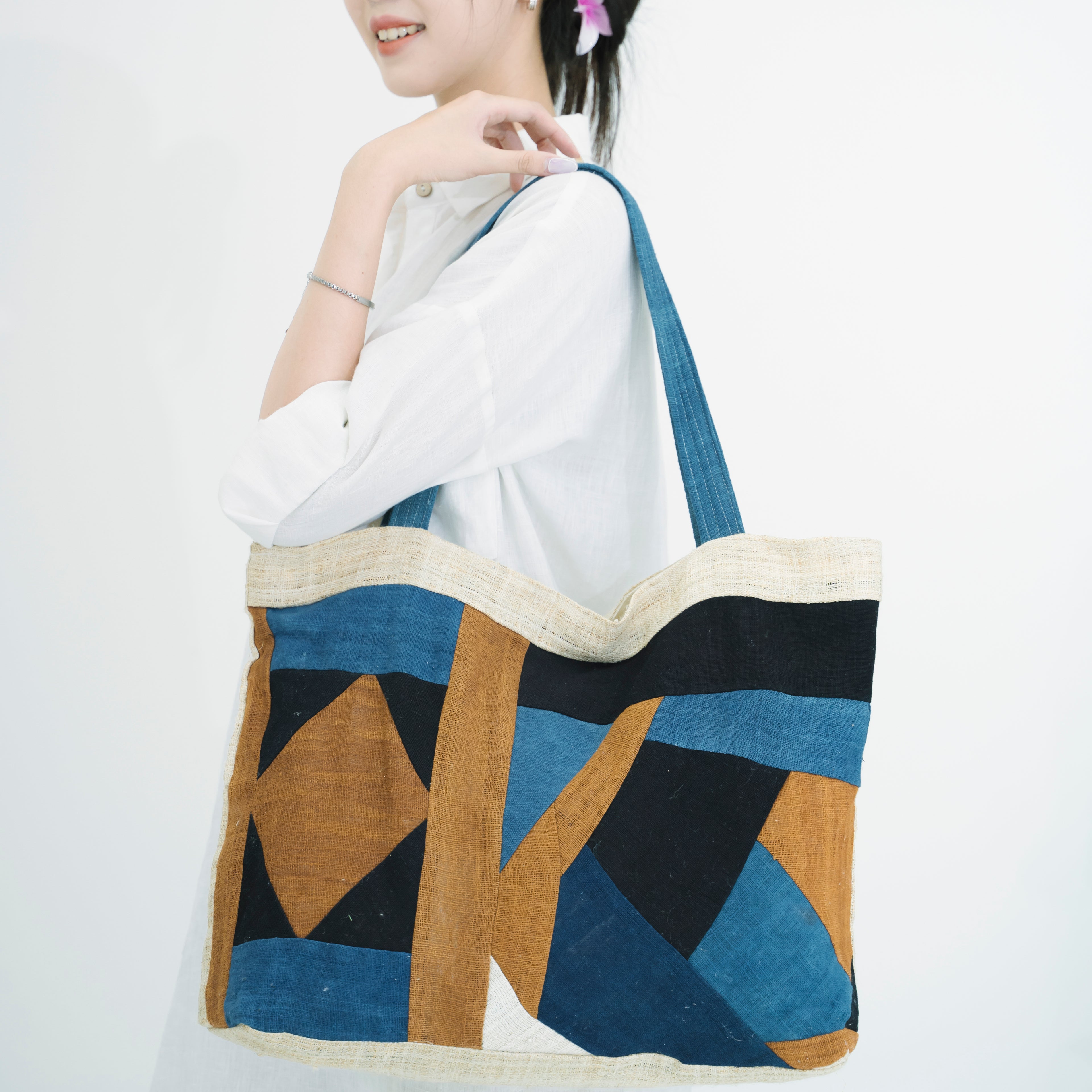 Landscape Patchwork Tote Bag - Handmade Ethnic Brocade Shoulder Bag - Large Horizontal Tribal Art Purse