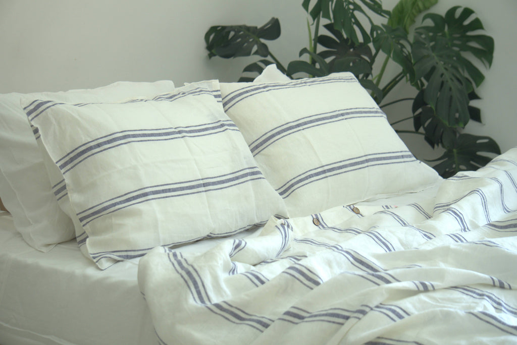 Ivory Navy Striped French Linen Pillowcase - Yarn Dyeing 63