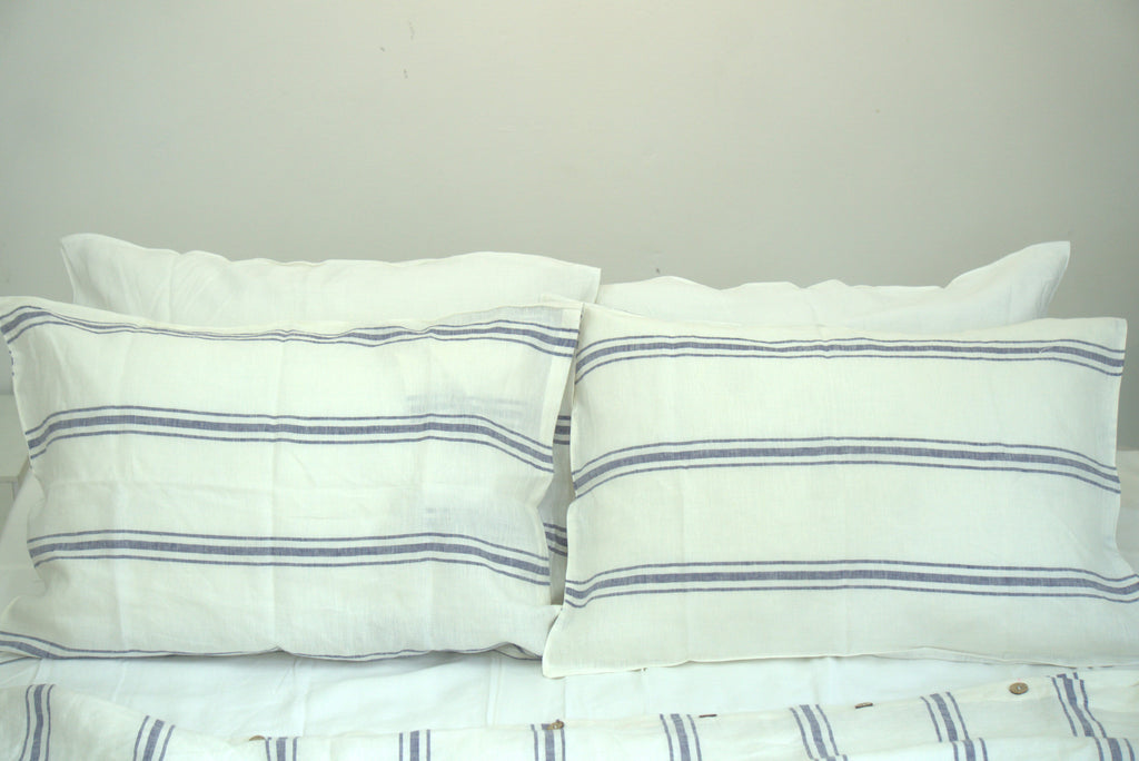 Ivory Navy Striped French Linen Pillowcase - Yarn Dyeing 63