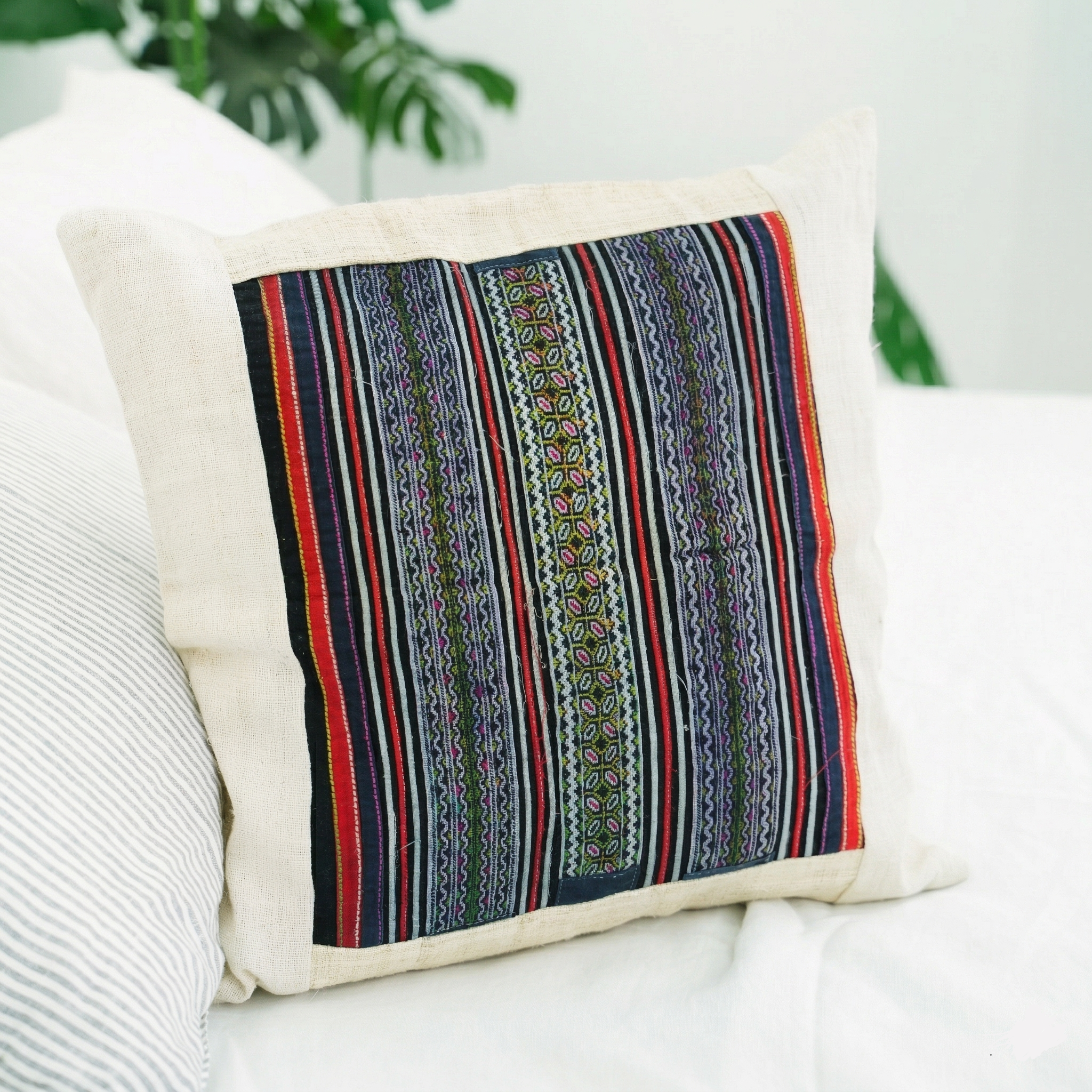 Hmong Multicolor Embroidered Stripe Pillow Cover - Hand-Stitched Brocade on Natural Ground - Hill Tribe Artisan Sofa Cushion