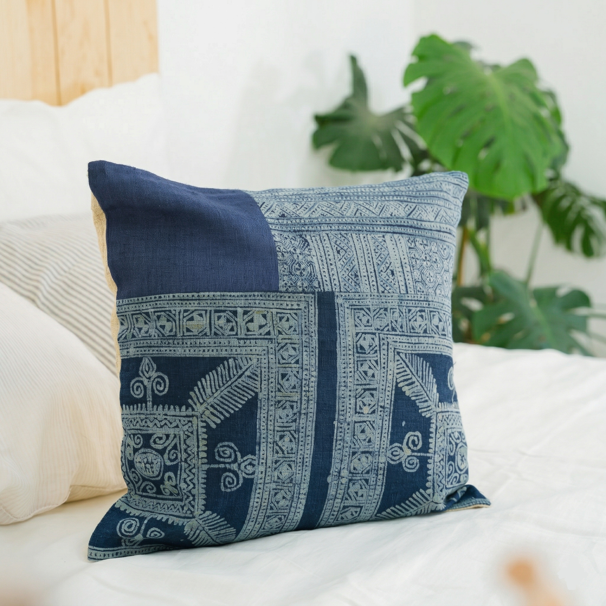 Hmong Patchwork Batik Sofa Pillow Cover - Hand-Drawn Beeswax on Brocade Mosaic - One-of-a-Kind Hill Tribe Artisan Cushion