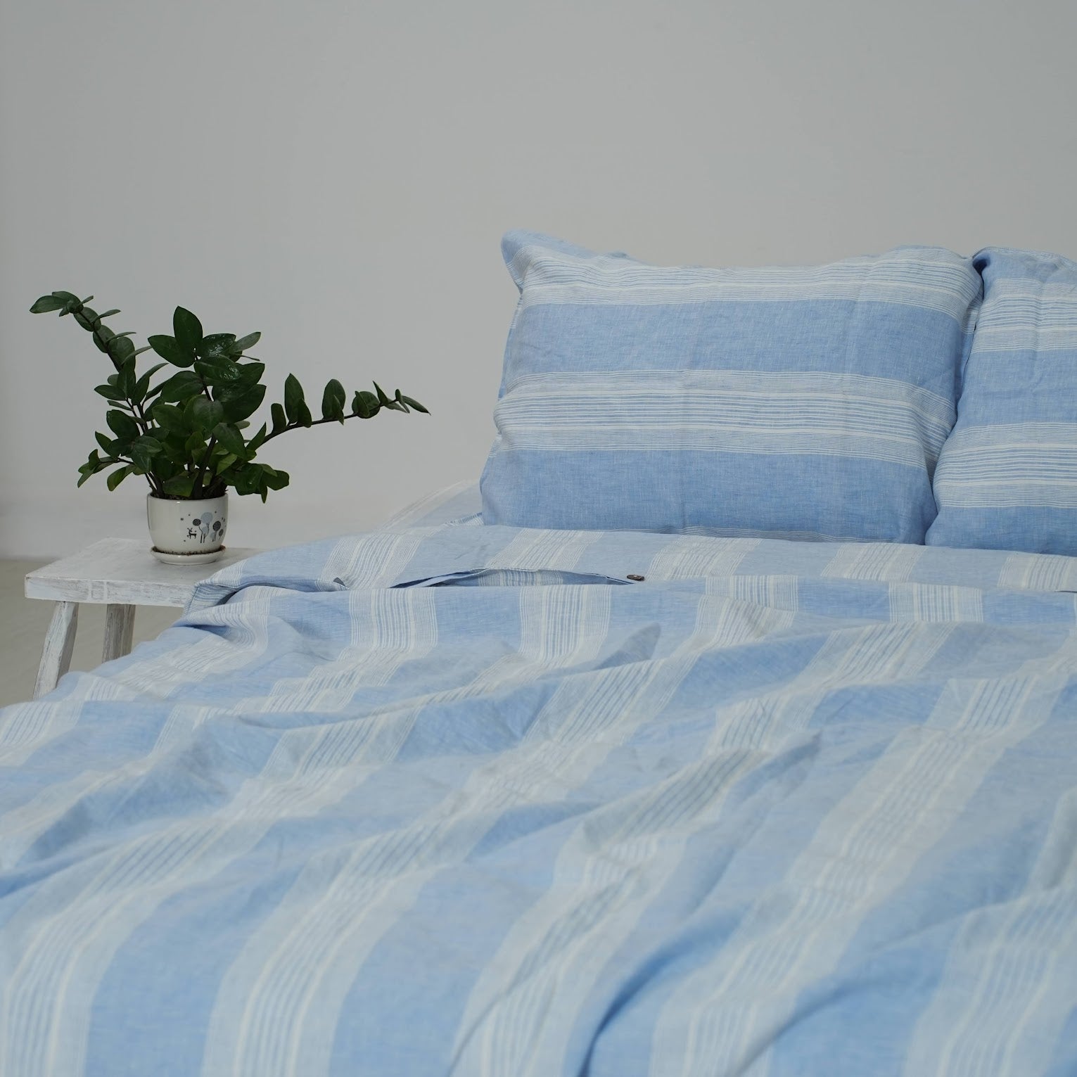 Blue Striped French Linen Duvet Cover - Yarn Dyeing 60