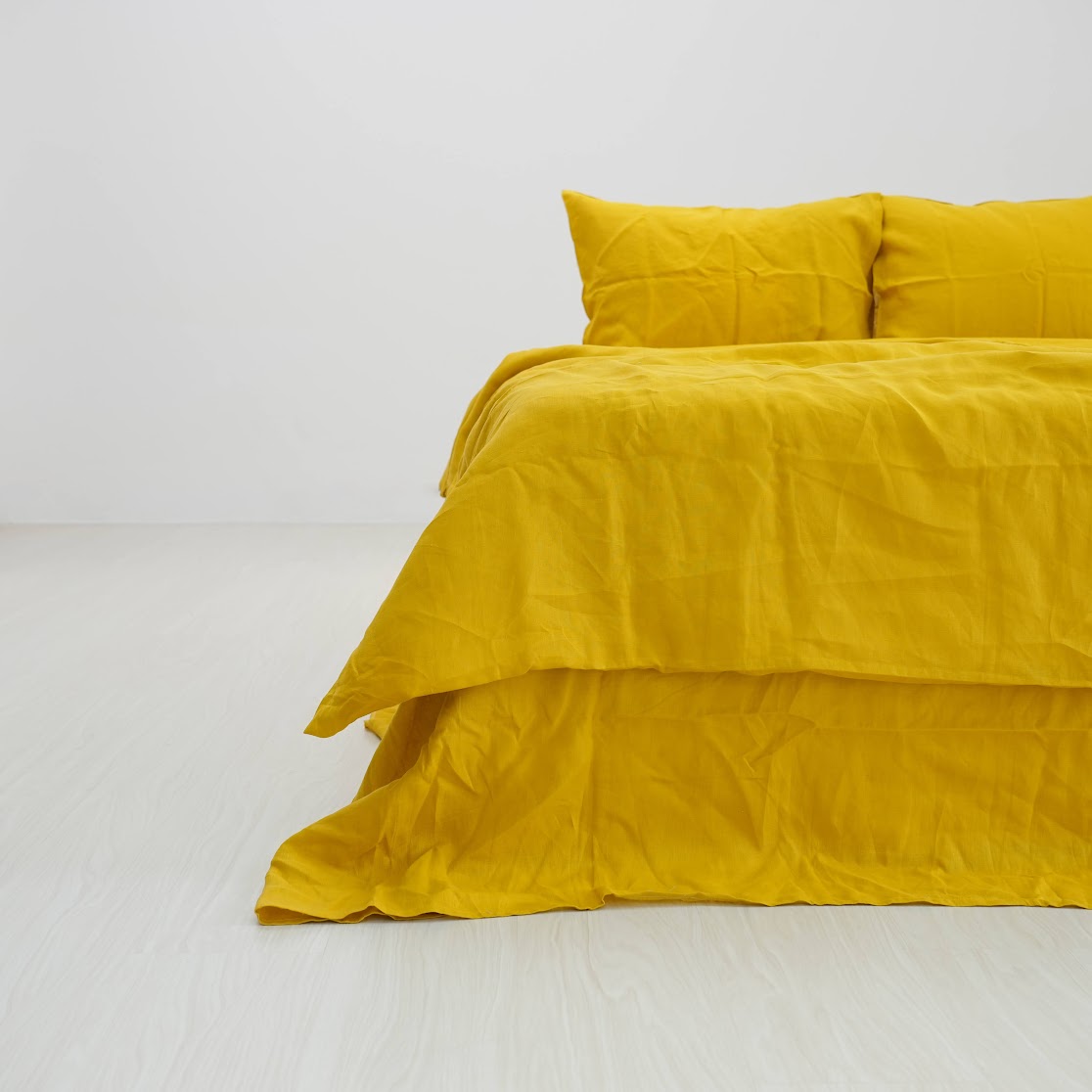 Yellow French Linen Fitted Sheet Set - Deep Pocket with 2 Pillowcases