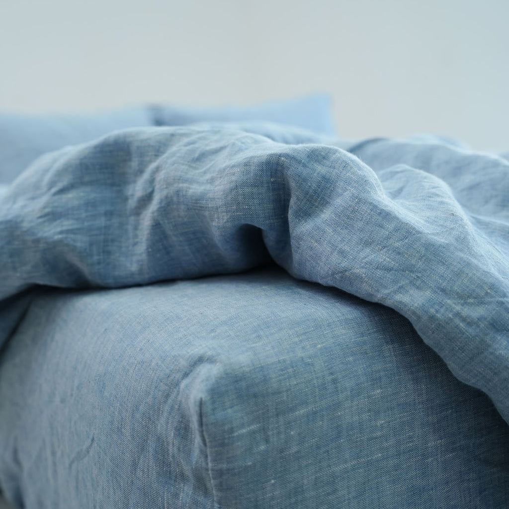 Blue French Linen Duvet Cover+2 Pillowcases Set | Yarn-Dyed | Handmade