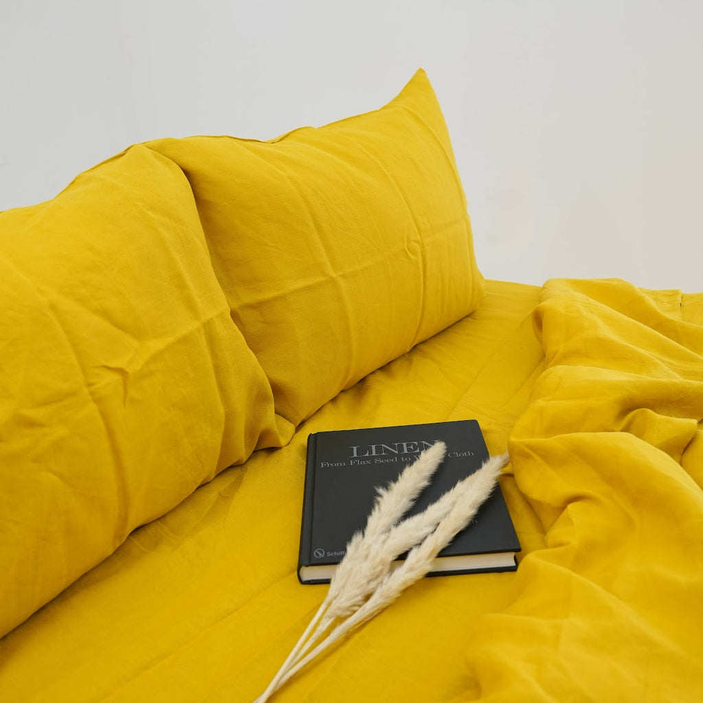 Yellow French Linen Fitted Sheet Set - Deep Pocket with 2 Pillowcases
