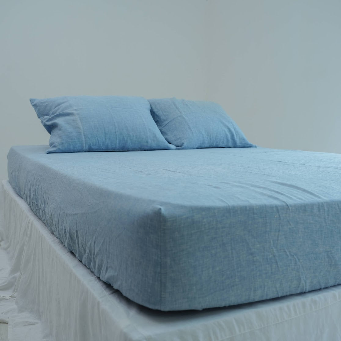 Blue French Linen Duvet Cover+2 Pillowcases Set | Yarn-Dyed | Handmade