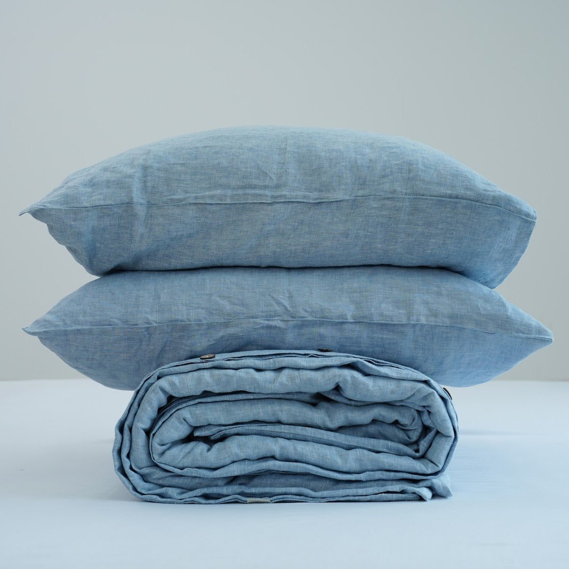 Blue French Linen Duvet Cover+2 Pillowcases Set | Yarn-Dyed | Handmade
