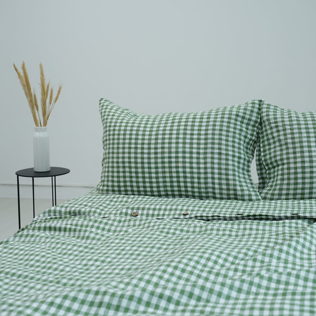 Small Grid Green French Linen Pillowcase - Yarn Dyeing 81