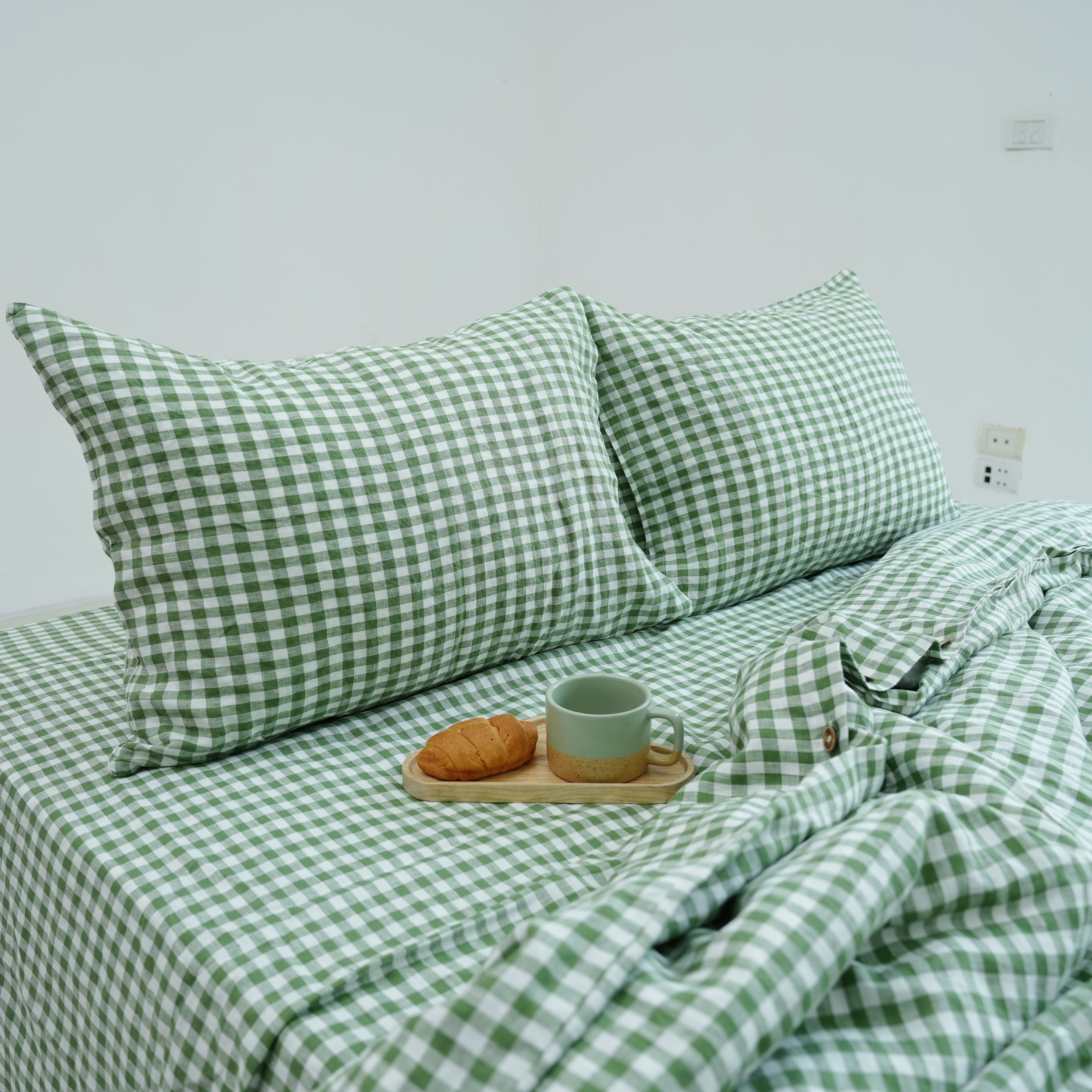 Small Grid Green French Linen Pillowcase - Yarn Dyeing 81