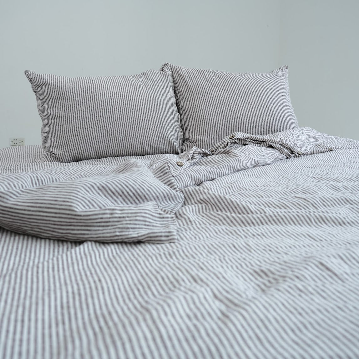 Coffee Striped French Linen Duvet Cover - Yarn Dyeing 51