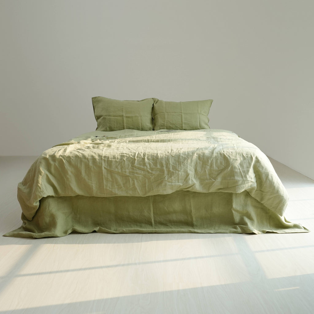 Avocado Green French Linen Duvet Cover Set - Eco-Friendly 4-Piece