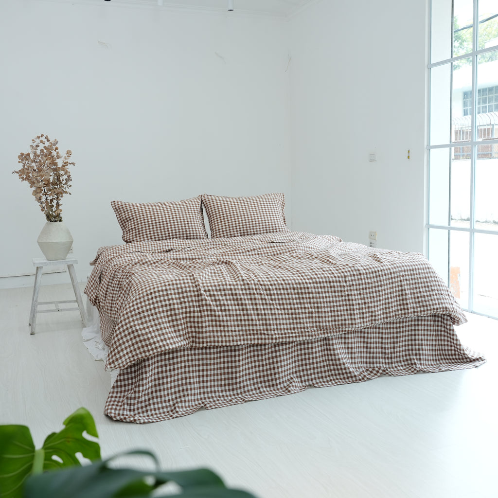 Small Grid Coffee French Linen Pillowcase - Yarn Dyeing 80