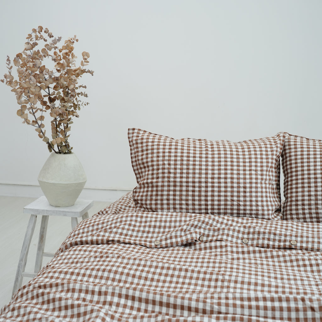 Small Grid Coffee French Linen Pillowcase - Yarn Dyeing 80