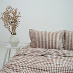 Small Grid Coffee French Linen Pillowcase - Yarn Dyeing 80