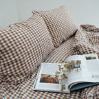 Small Grid Coffee French Linen Pillowcase - Yarn Dyeing 80