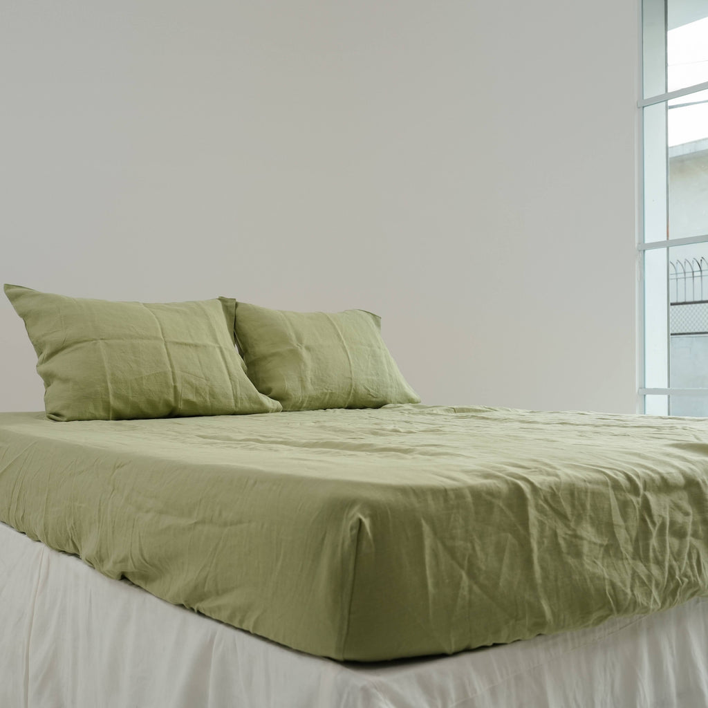 Avocado Green French Linen Duvet Cover Set - Eco-Friendly 4-Piece