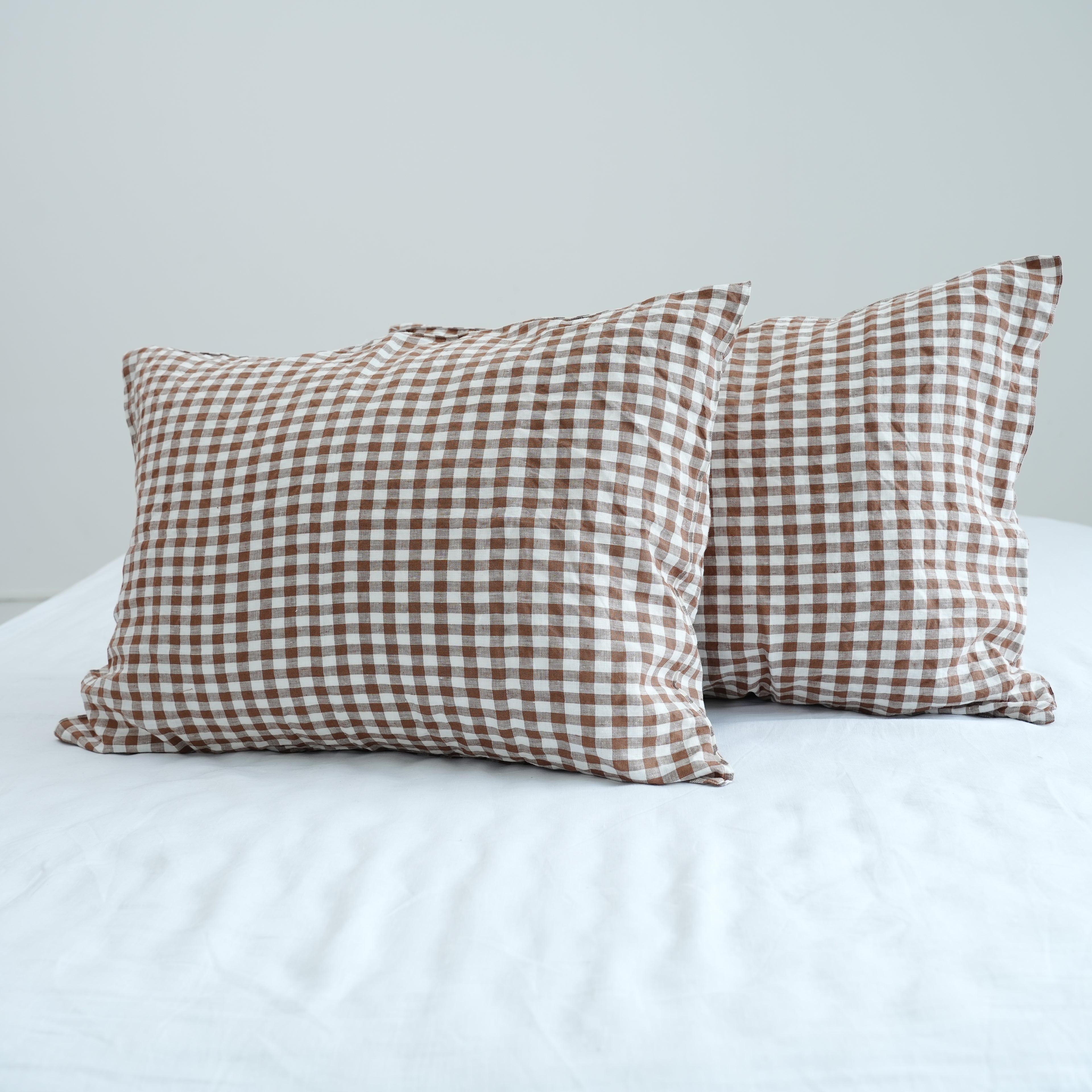 Small Grid Coffee French Linen Pillowcase - Yarn Dyeing 80