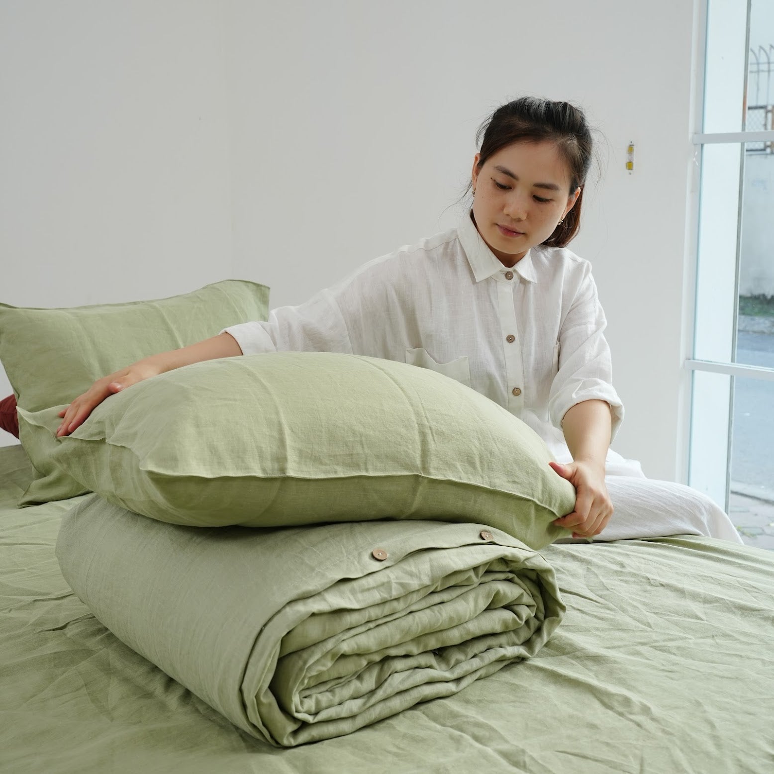 Avocado French Linen Pillowcase - Plain Dyeing 10