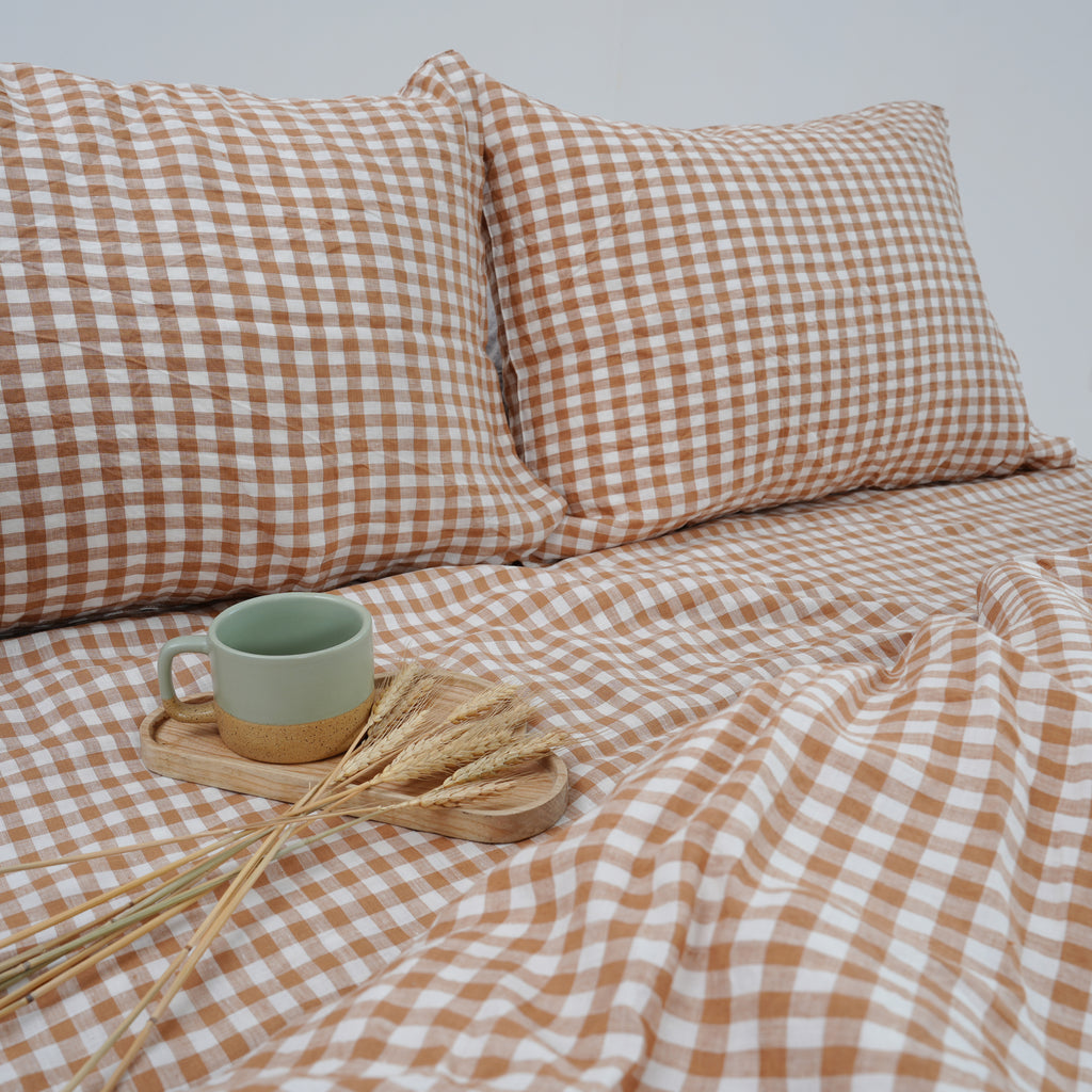 Small Gird Light Brow French Linen Pillowcase - Yarn Dyeing 82