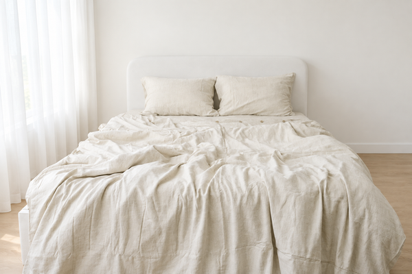 Beige bamboo linen duvet cover on a bed in a bright ivory room, front view with button closure