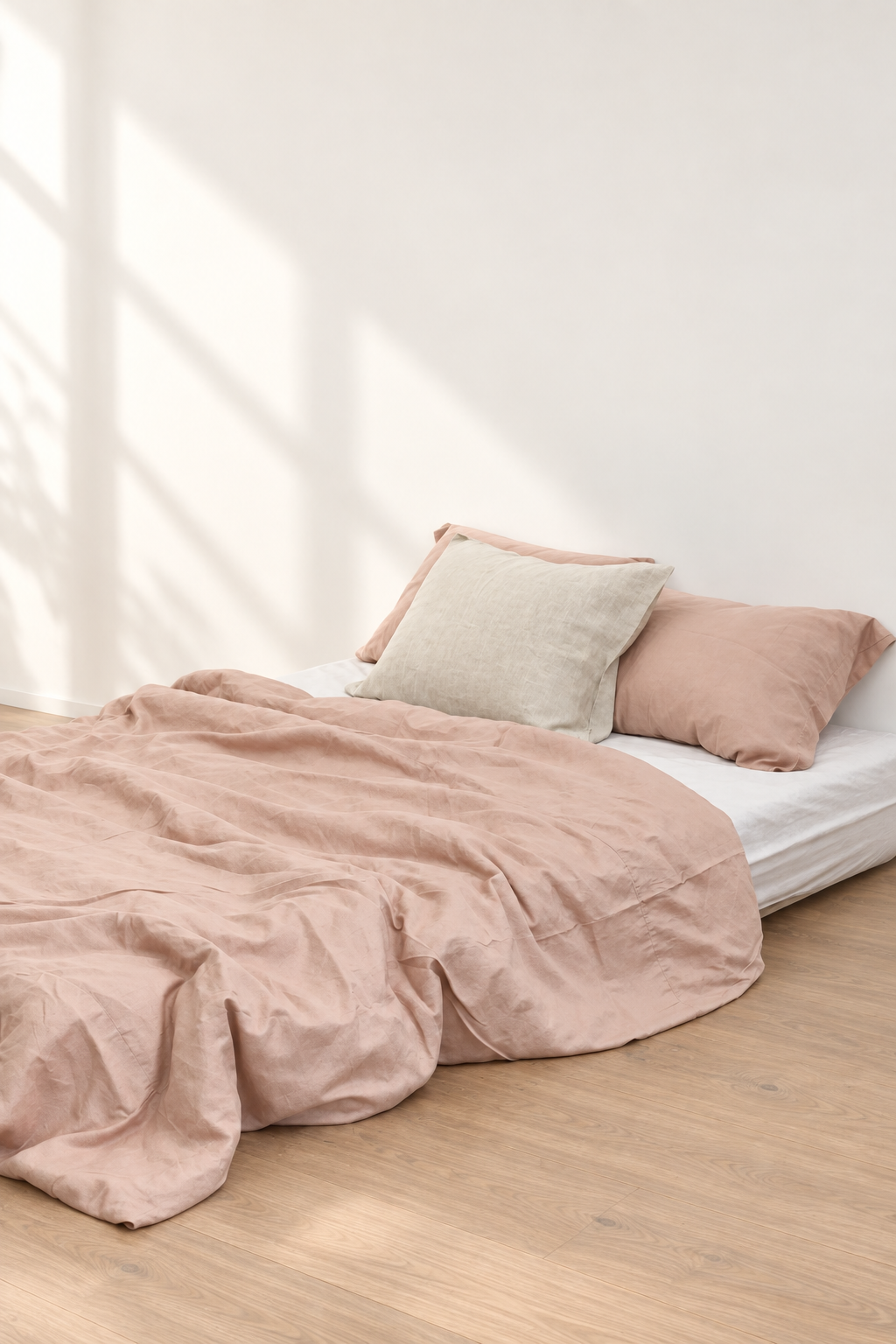 Coral bamboo linen duvet cover with natural folds, angled view in a bright ivory room