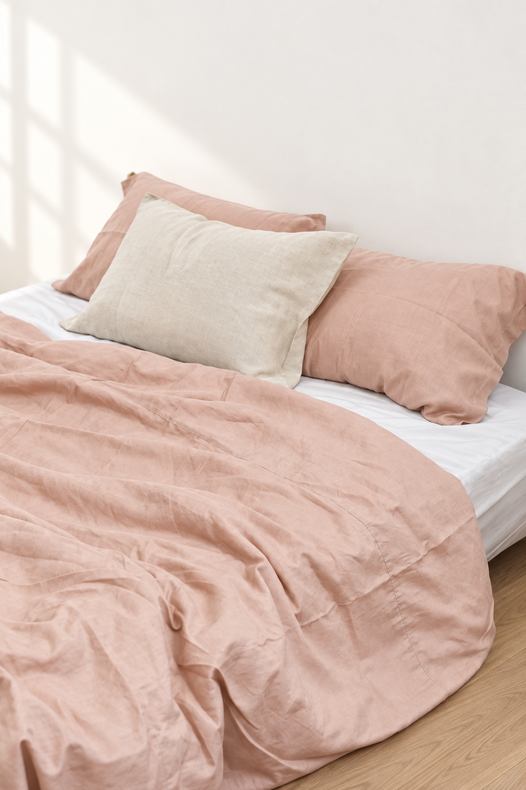 Close view of the Coral bamboo linen duvet cover, showing its seams and natural drape