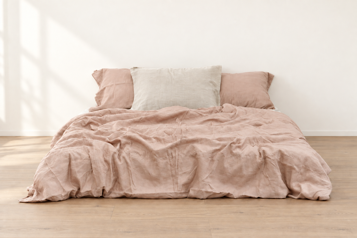 Coral bamboo linen duvet cover styled on a bed in a bright room, front view