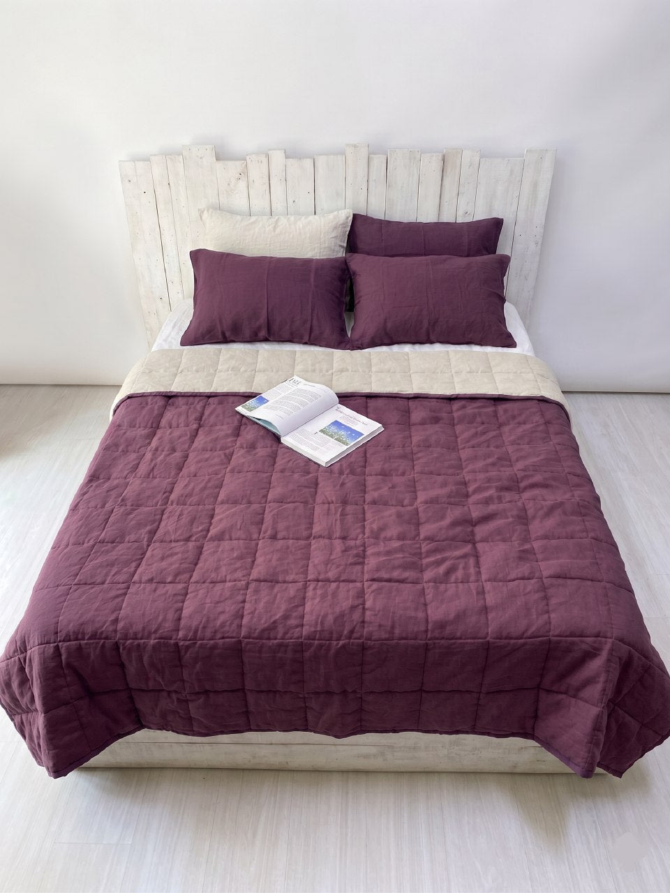 Hand-Quilted French Linen Blanket – Aubergine Plum