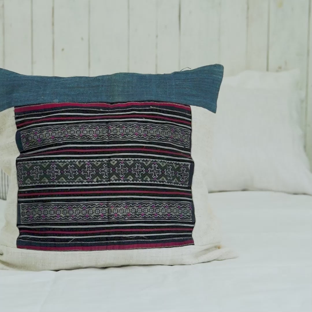 Hmong Embroidered Indigo Pillow Cover - Hand-Dyed Tribal Brocade - Neutral Ethnic Hill Tribe Artisan Cushion