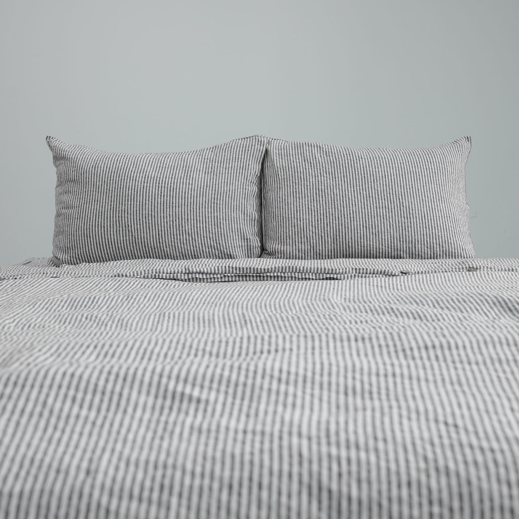 Striped Coffee French Linen Fitted Sheet Set - Yarn-Dyed with 2 Pillowcases