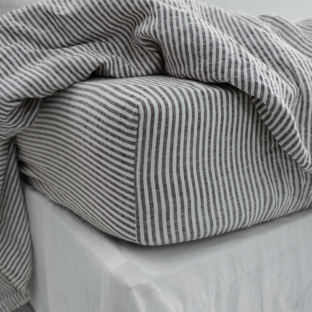 Coffee Striped French Linen Duvet Cover+2 Pillowcases Set | Yarn-Dyed | Handmade