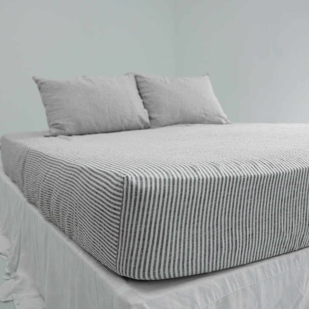 Striped Coffee French Linen Fitted Sheet - Yarn-Dyed Deep Pocket