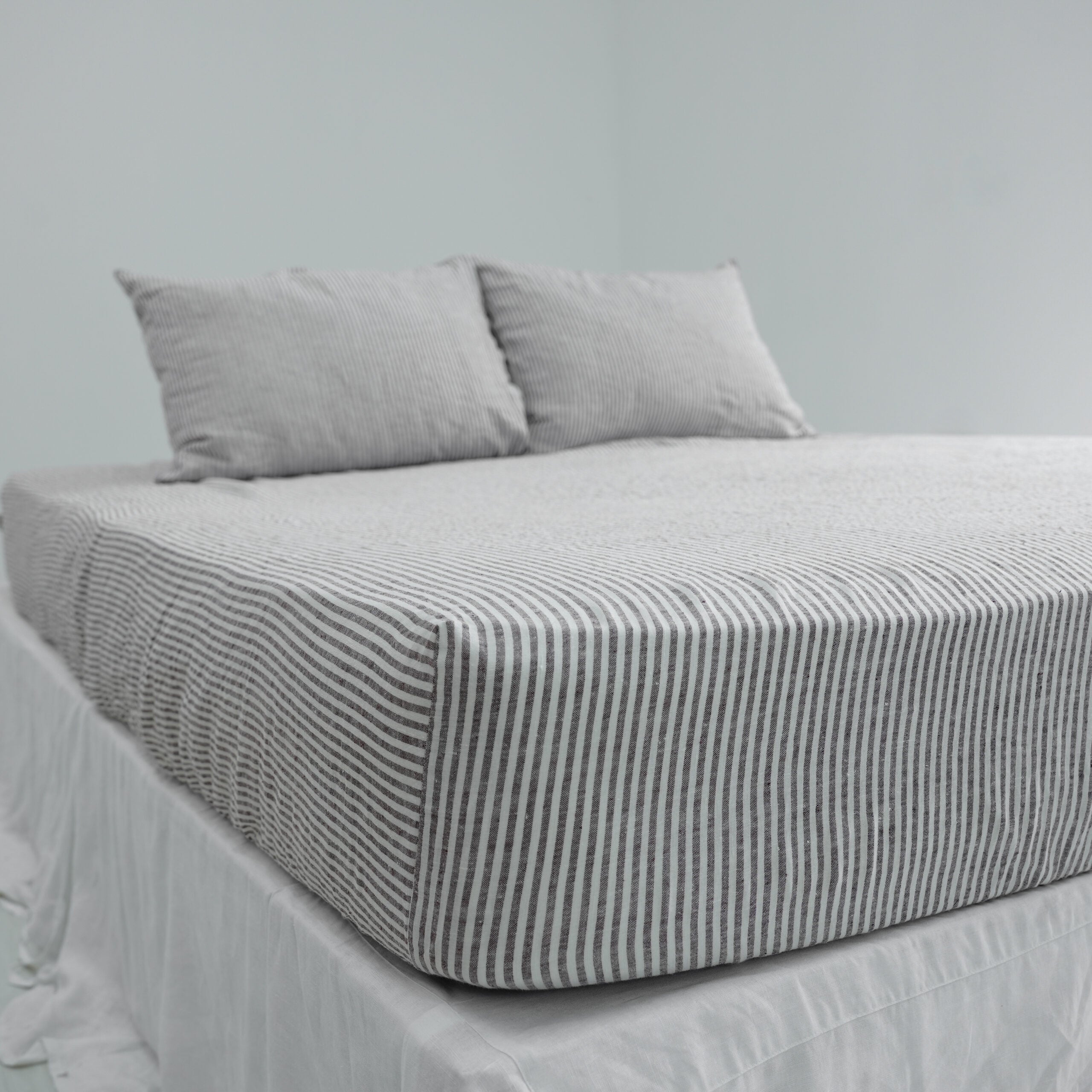 Coffee Striped French Linen Duvet Cover+2 Pillowcases Set | Yarn-Dyed | Handmade