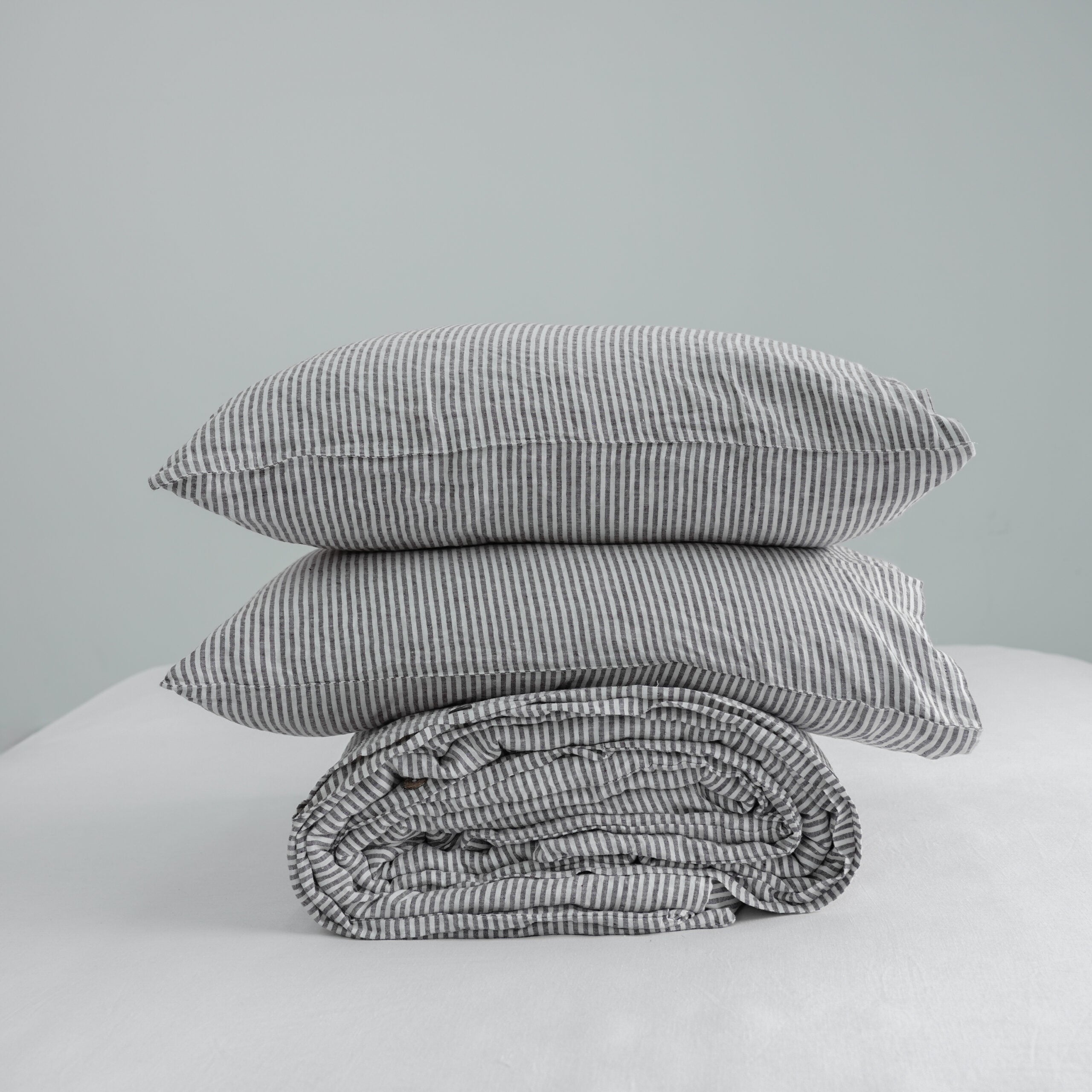 Coffee Striped French Linen Duvet Cover+2 Pillowcases Set | Yarn-Dyed | Handmade