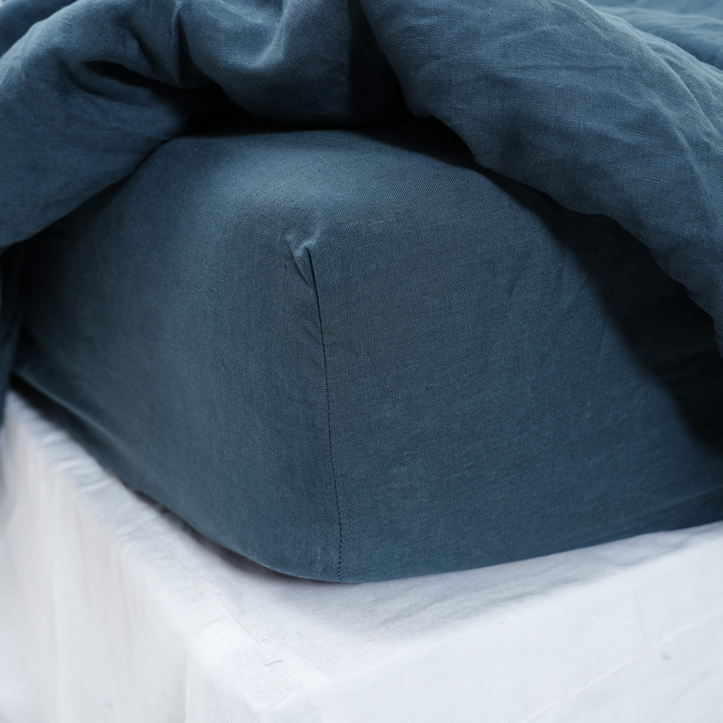 Azure Blue French Linen Fitted Sheet Set - Deep Pocket with 2 Pillowcases