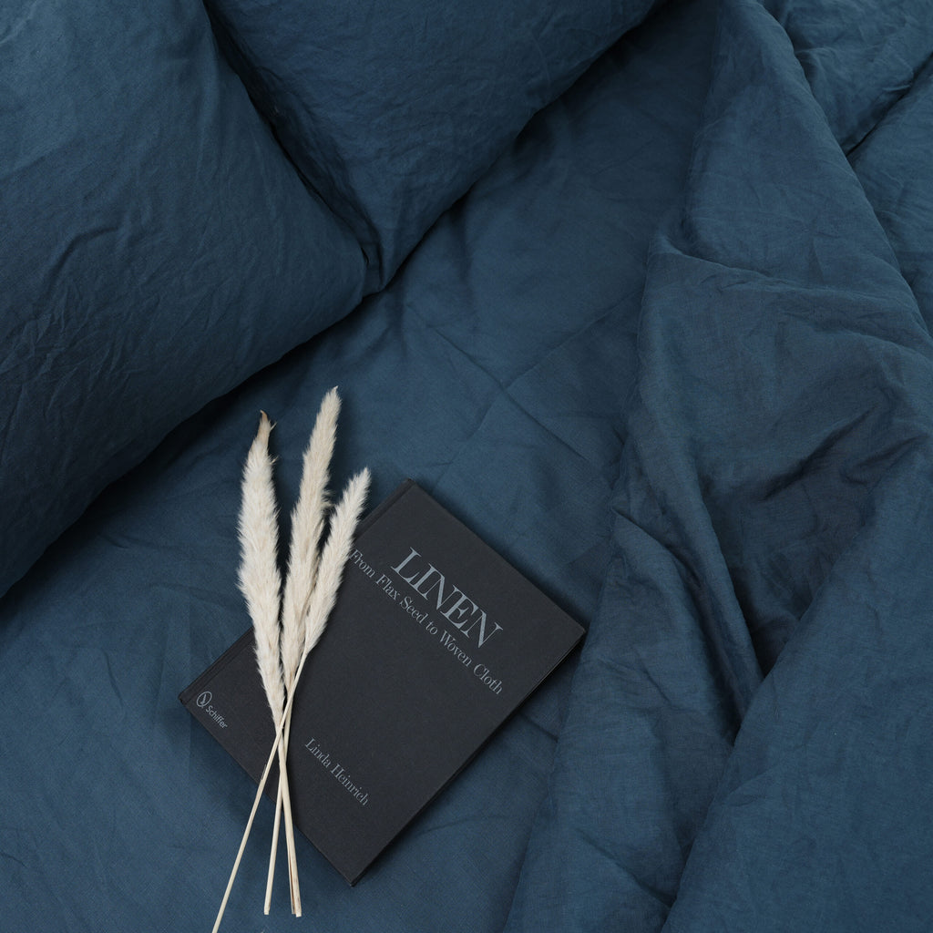 Azure Blue French Linen Fitted Sheet Set - Deep Pocket with 2 Pillowcases