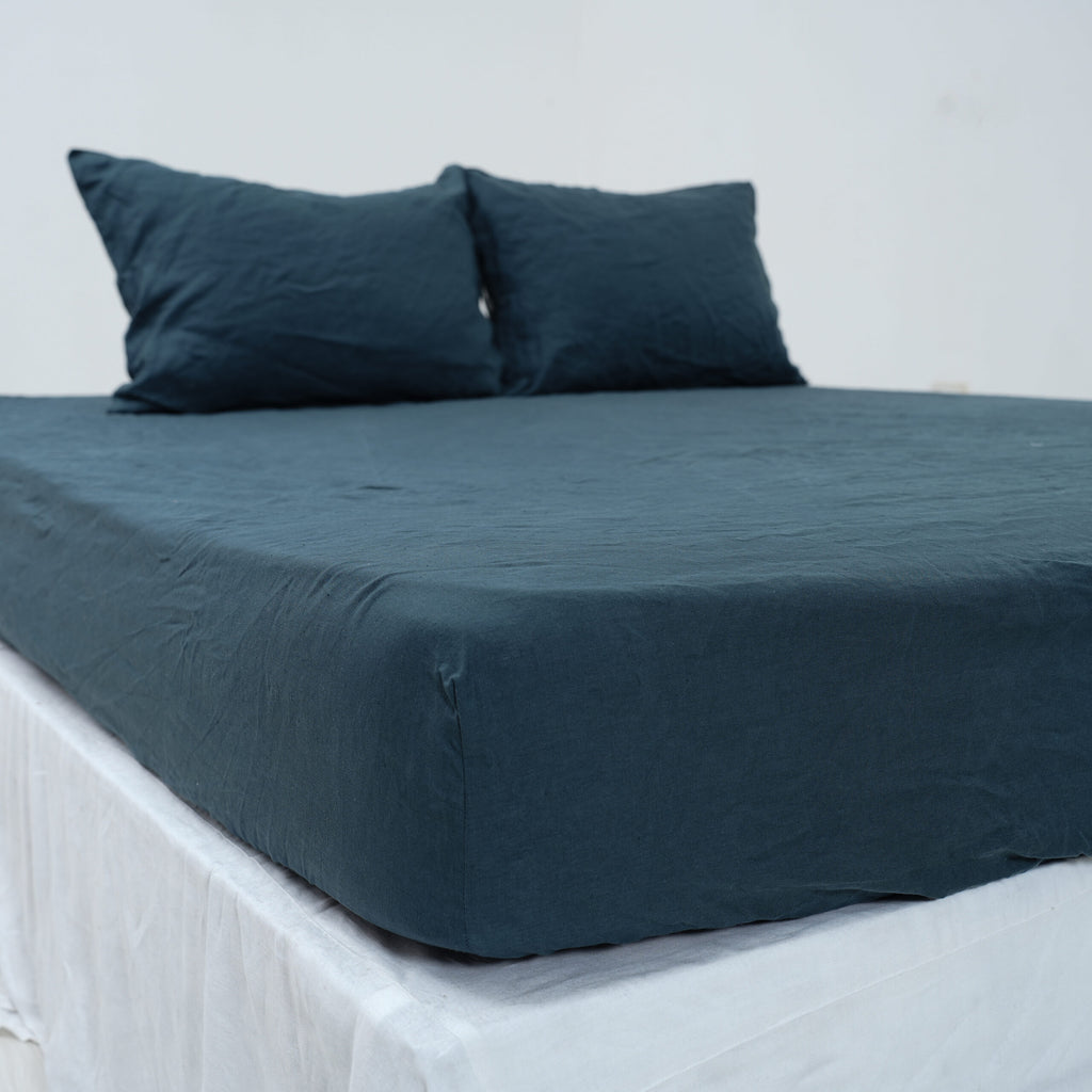 Azure Blue French Linen Fitted Sheet Set - Deep Pocket with 2 Pillowcases