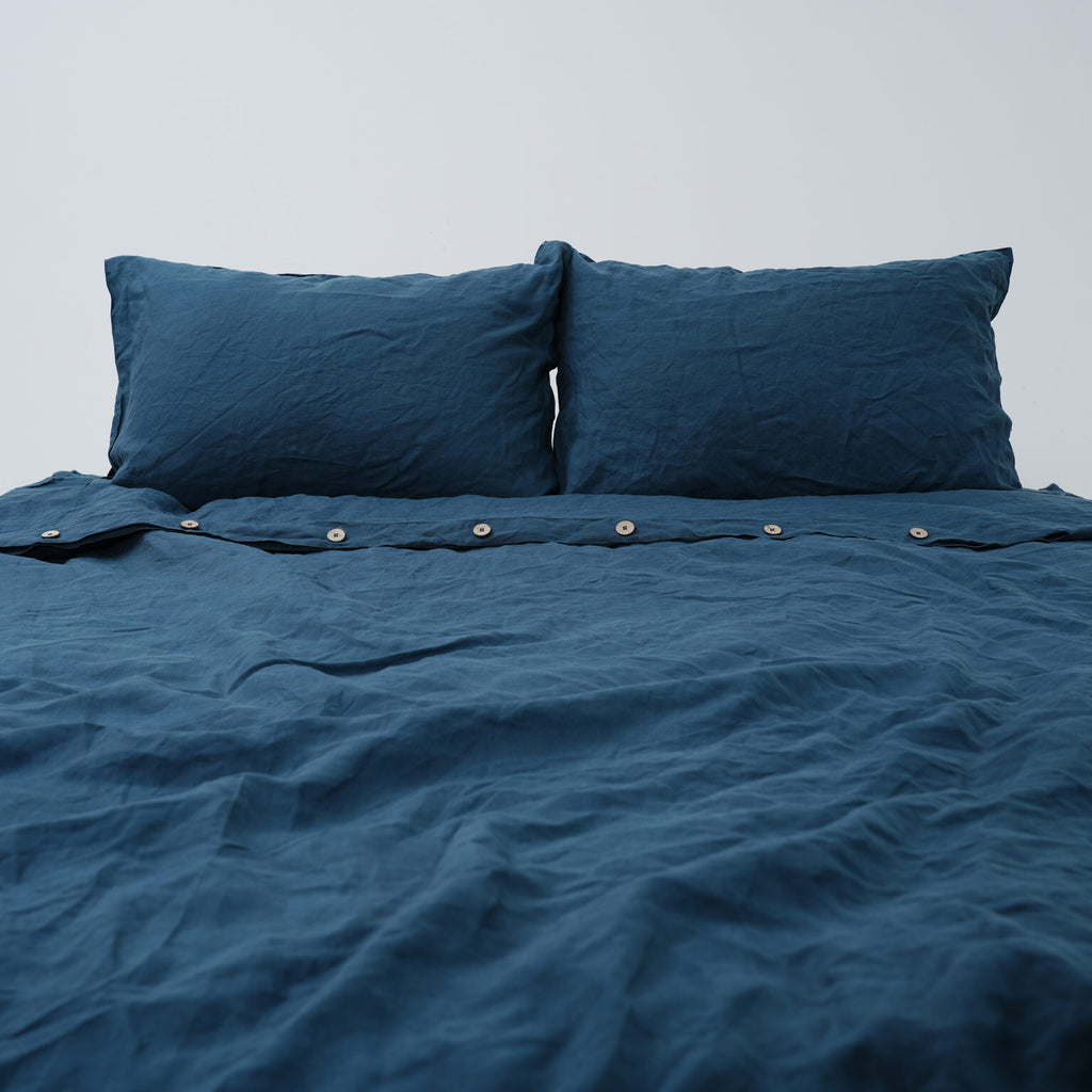 Azure Blue French Linen Fitted Sheet Set - Deep Pocket with 2 Pillowcases