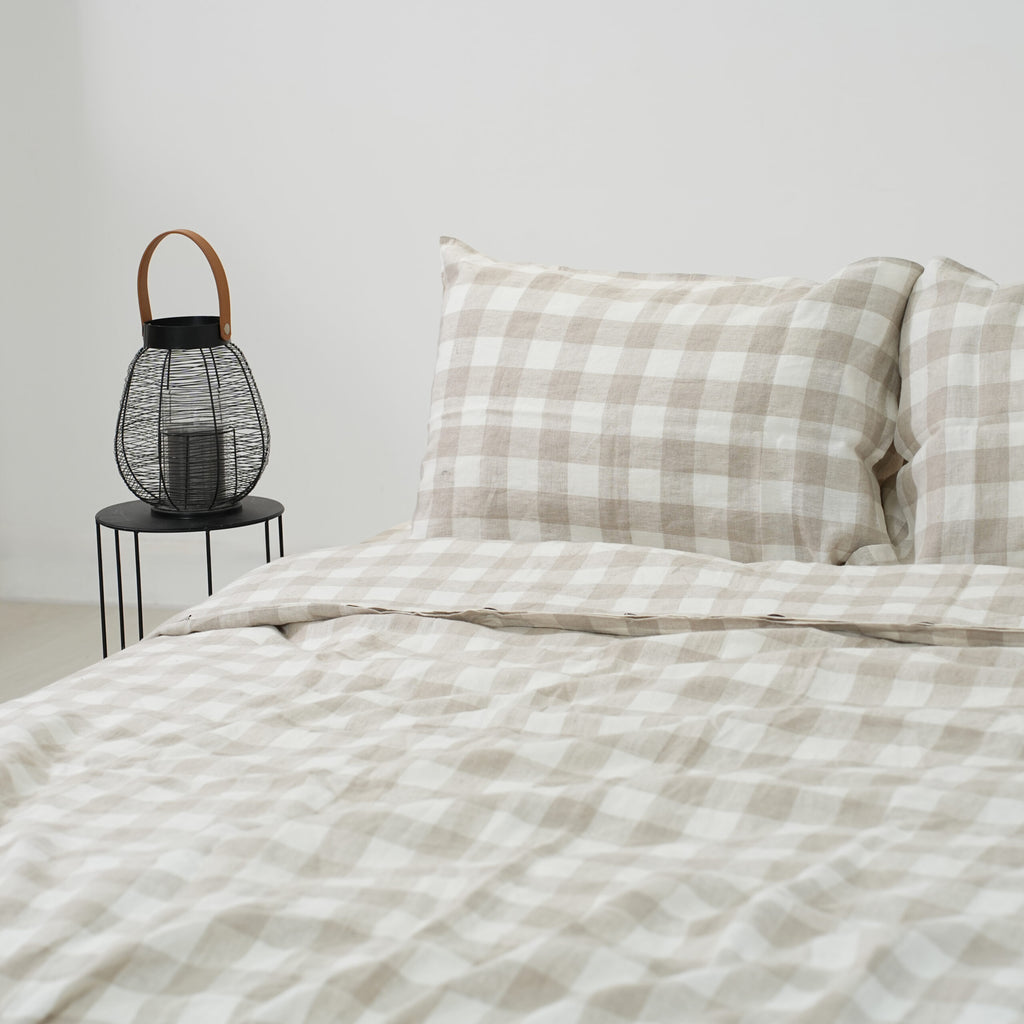 Grid French Linen Duvet Cover+2 Pillowcases Set - Yarn Dyeing 58