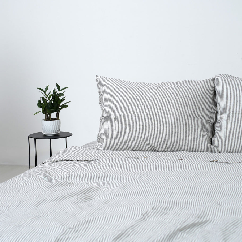 Grey Striped  French Linen Flat Sheet | 100% Linen Flat Sheet