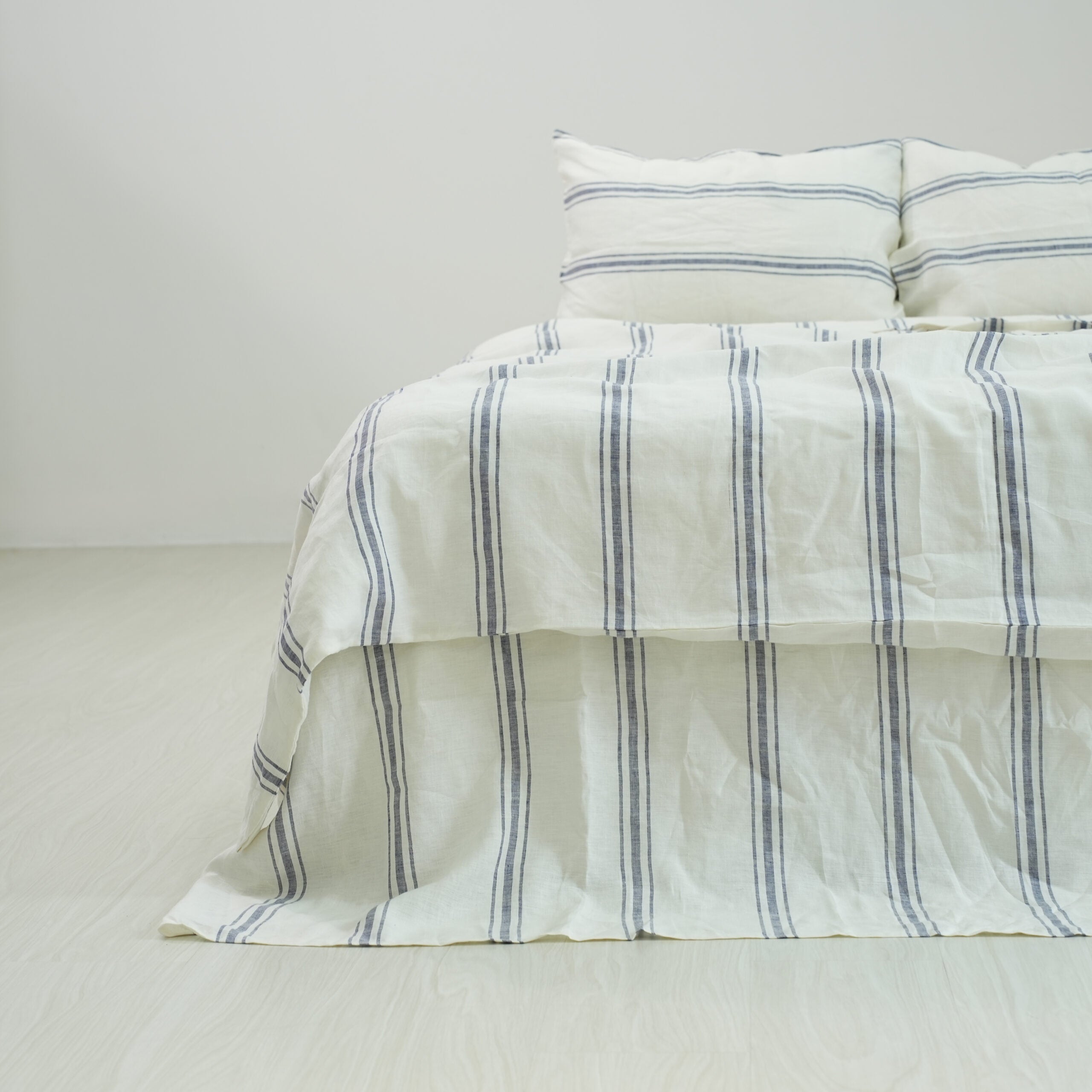 Ivory Navy Striped French Linen Flat Sheet | 100% Linen Flat Sheet