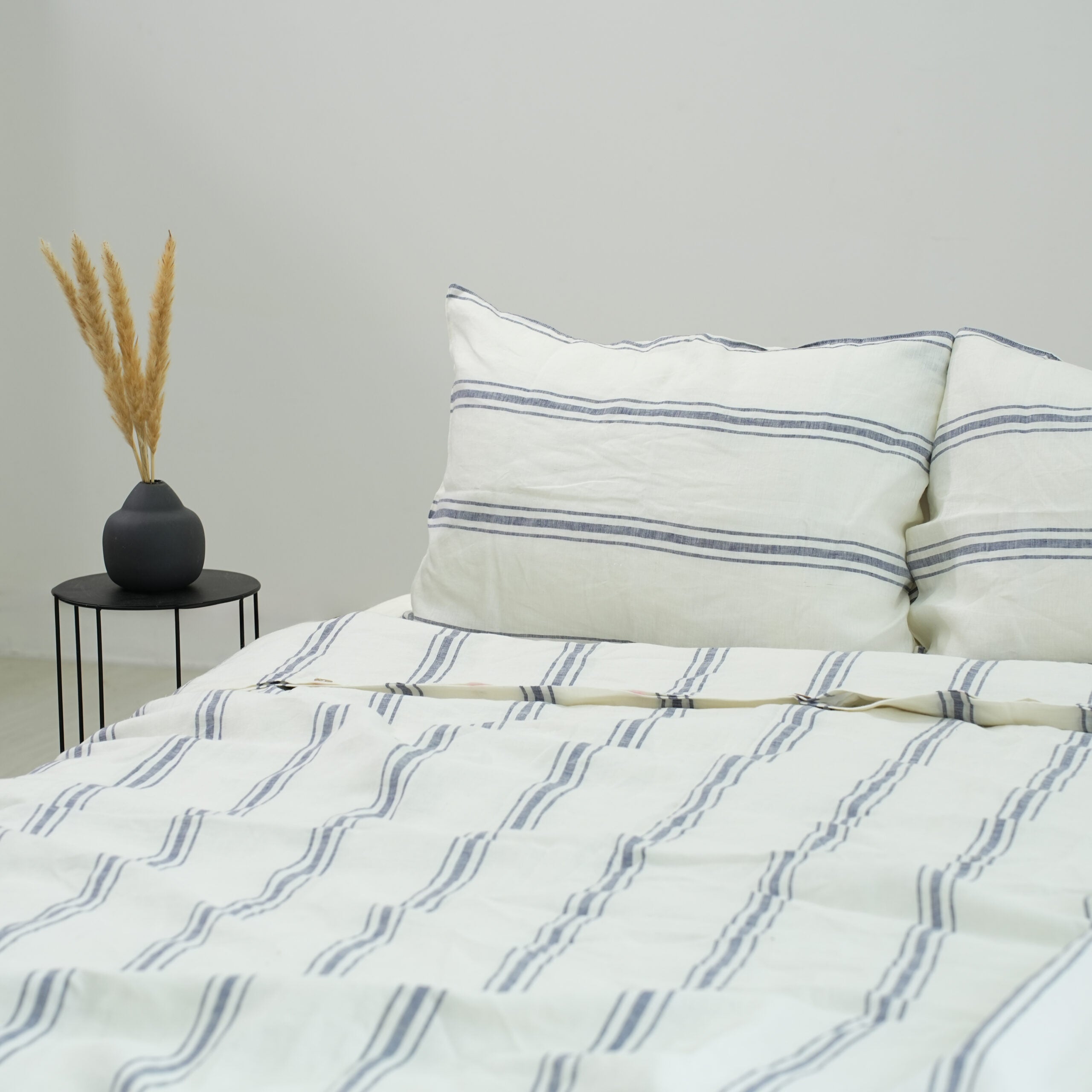Ivory Navy Striped French Linen Flat Sheet | 100% Linen Flat Sheet