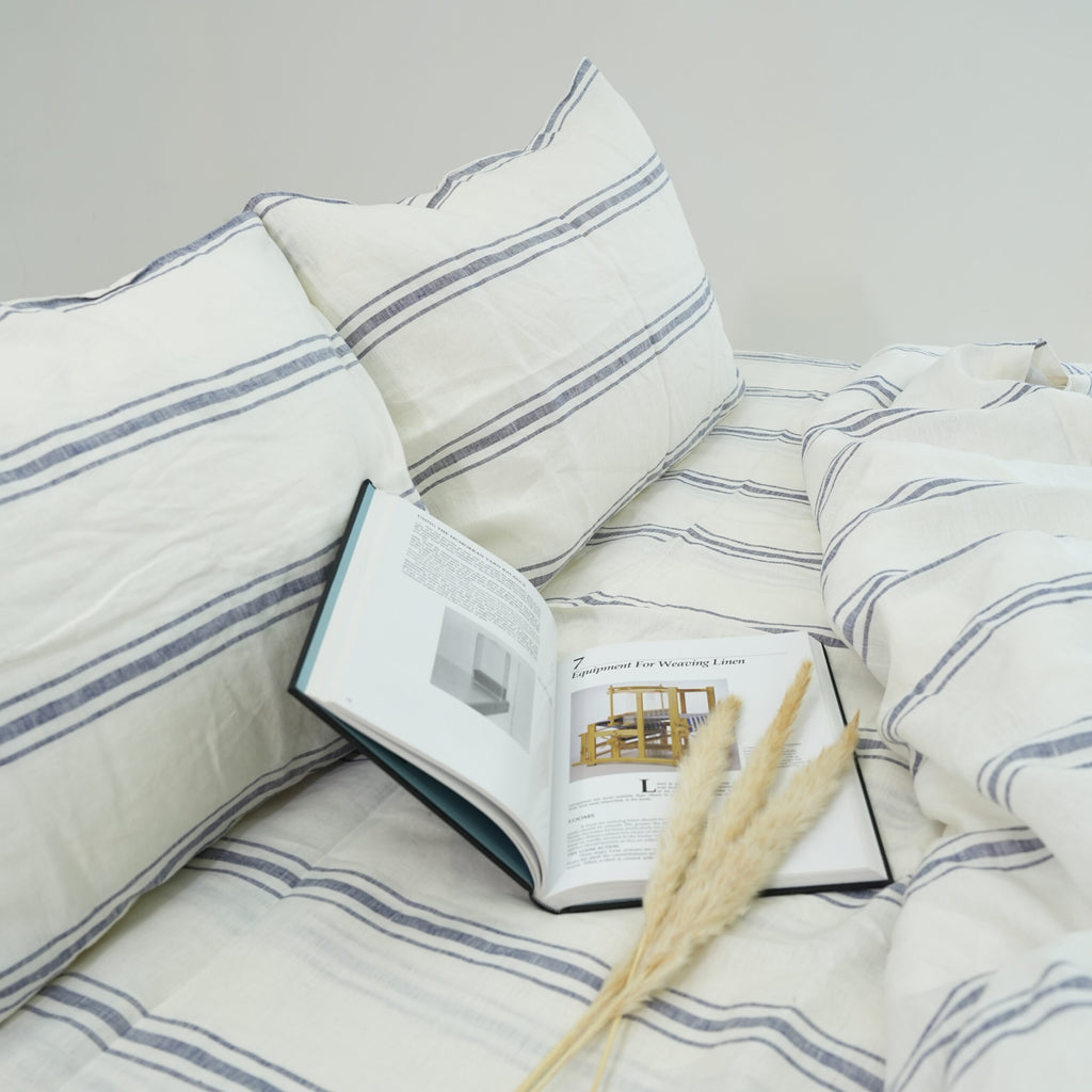 Ivory Navy Striped French Linen Flat Sheet | 100% Linen Flat Sheet