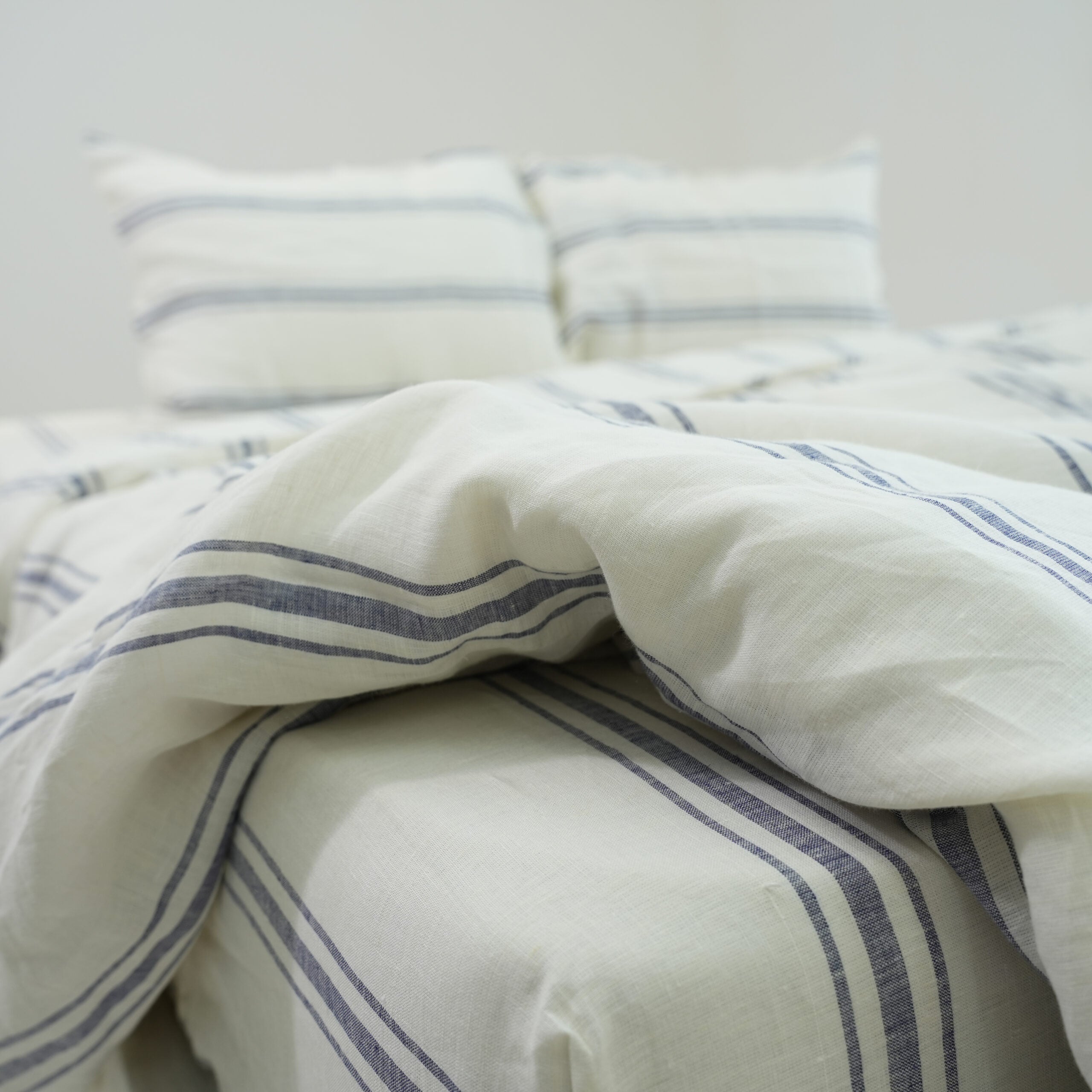 Ivory Navy Striped French Linen Flat Sheet | 100% Linen Flat Sheet