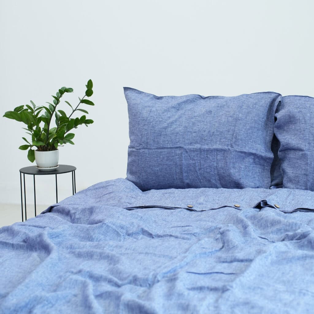 Jean Blue French Linen Fitted Sheet Set - Yarn-Dyed with 2 Pillowcases