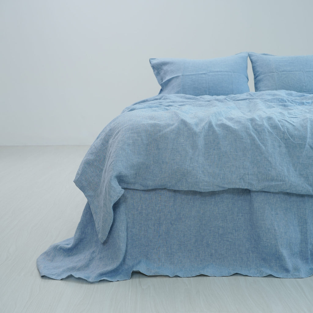 Blue French Linen Fitted Sheet Set - Yarn-Dyed with 2 Pillowcases