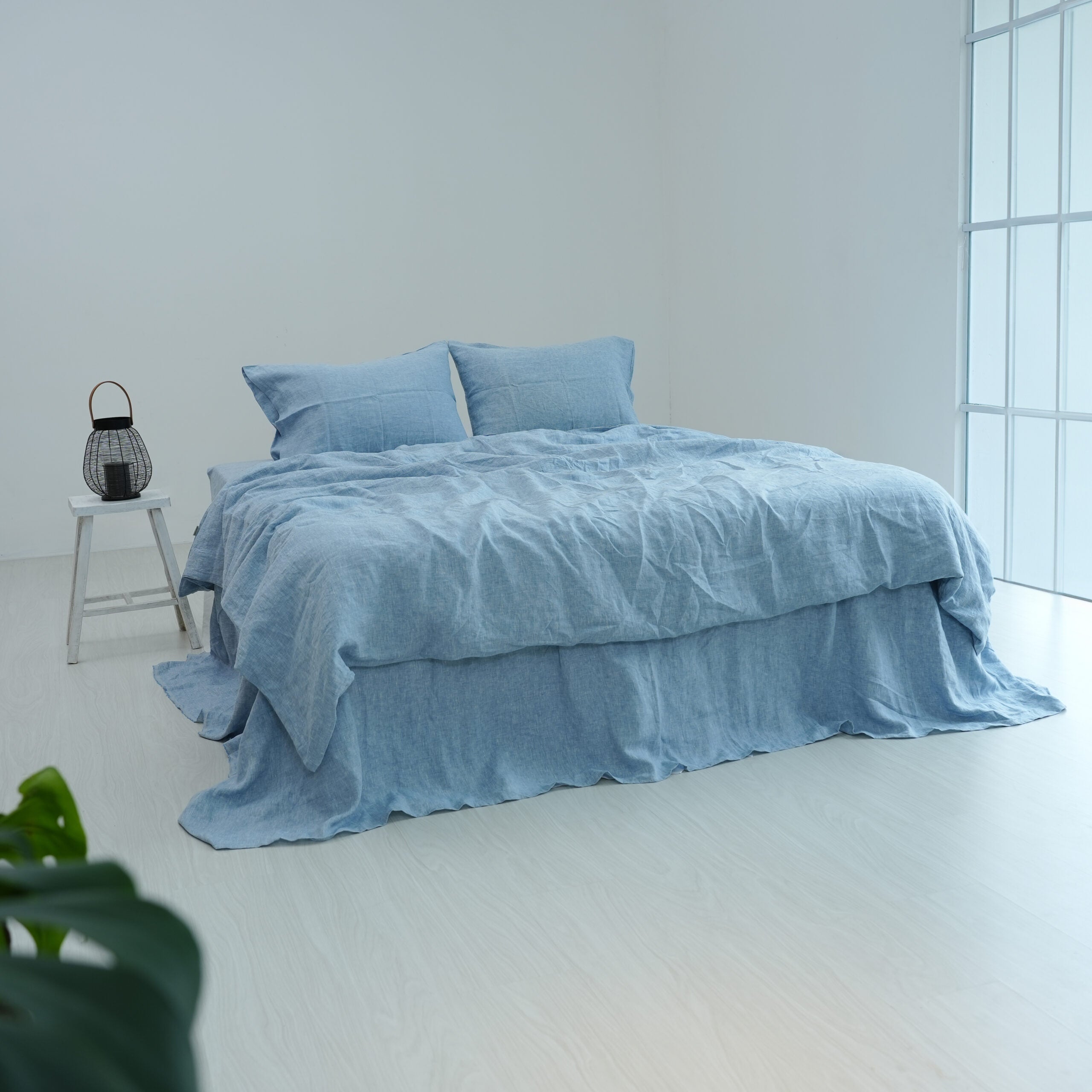 Blue French Linen Fitted Sheet Set - Yarn-Dyed with 2 Pillowcases