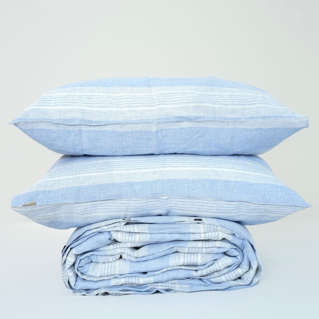 Blue Striped French Linen Duvet Cover+2 Pillowcases Set - Yarn Dyeing 60