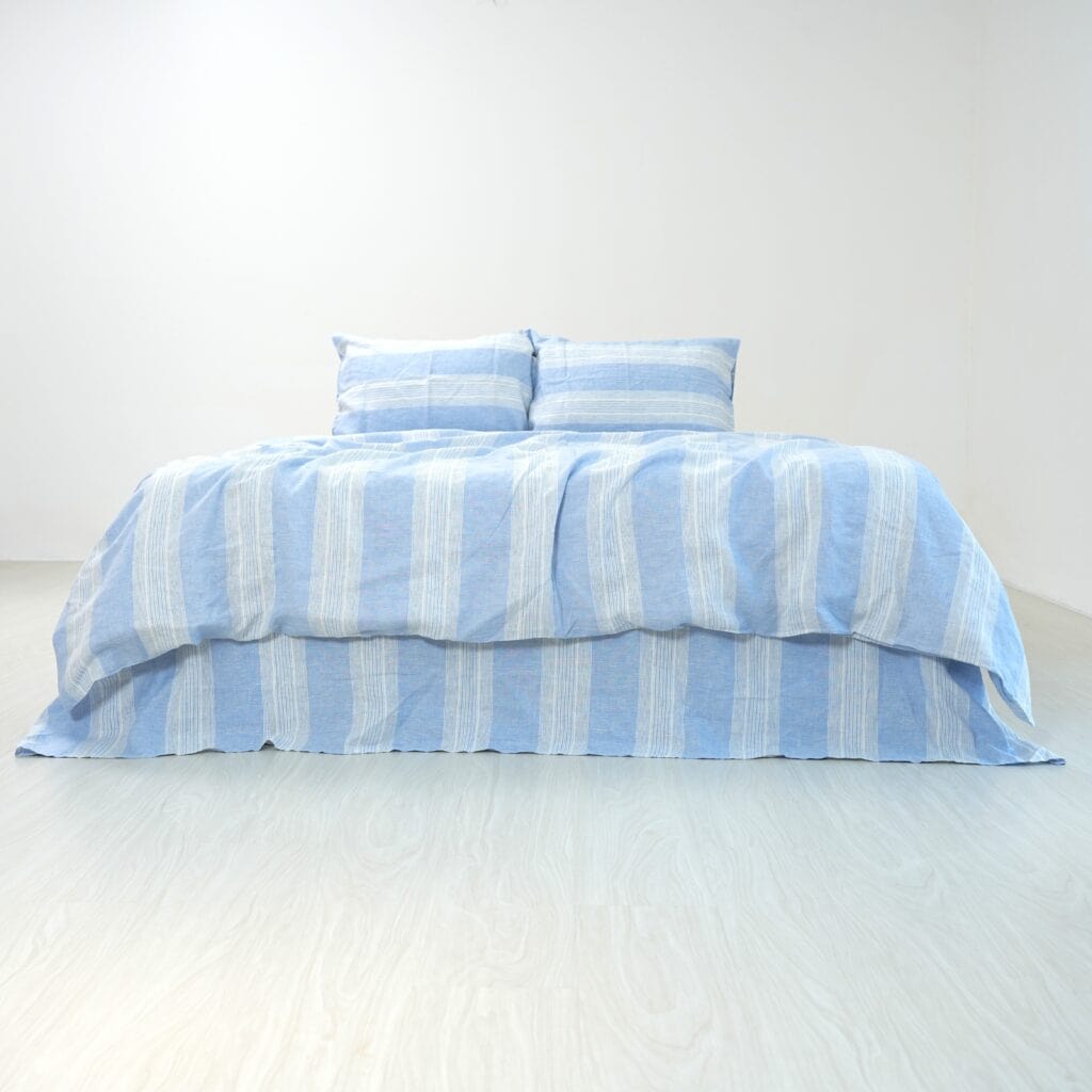 Light Blue Striped French Linen Flat Sheet | 100% Linen Flat Sheet
